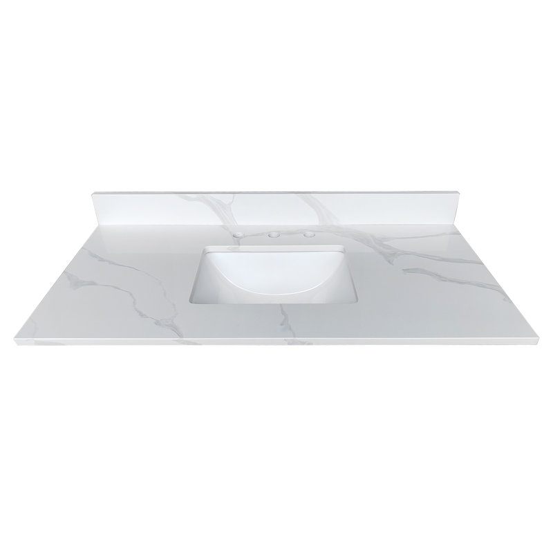 Plateau de meuble-lavabo en quartz 43 po, lavabo central encastré à simple cuve de 3/4 po d'épaisseur, dosseret de 4 po de hauteur, 3 trous de robinet pré-percés, résistant aux taches et à la chaleur, quartz blanc de Carrare avec veines