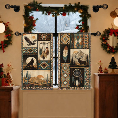2Pcs Southwest Style Curtains, Native American Tribal Pattern, Desert Landscape Wolf Eagle Deer Print, Light Filtering Fabric, Rod Pocket Design, for Living Room Bedroom Balcony Kitchen Home Decor