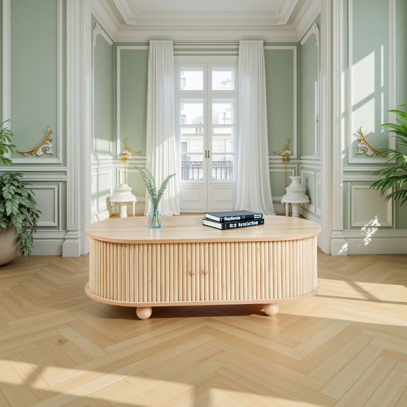 47" Oval Storage Side Table - Rustic MDF Table with Accordion Door (Natural Wood-Grain Finish)