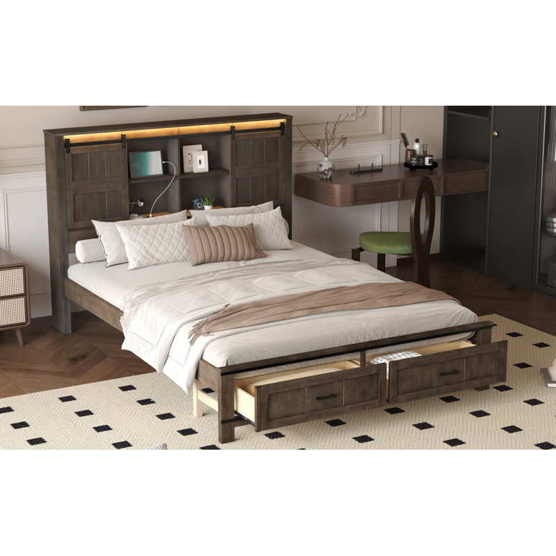 Lit plateforme à DEL en bois avec tête de grange, USB et 2 tiroirs, brun antique