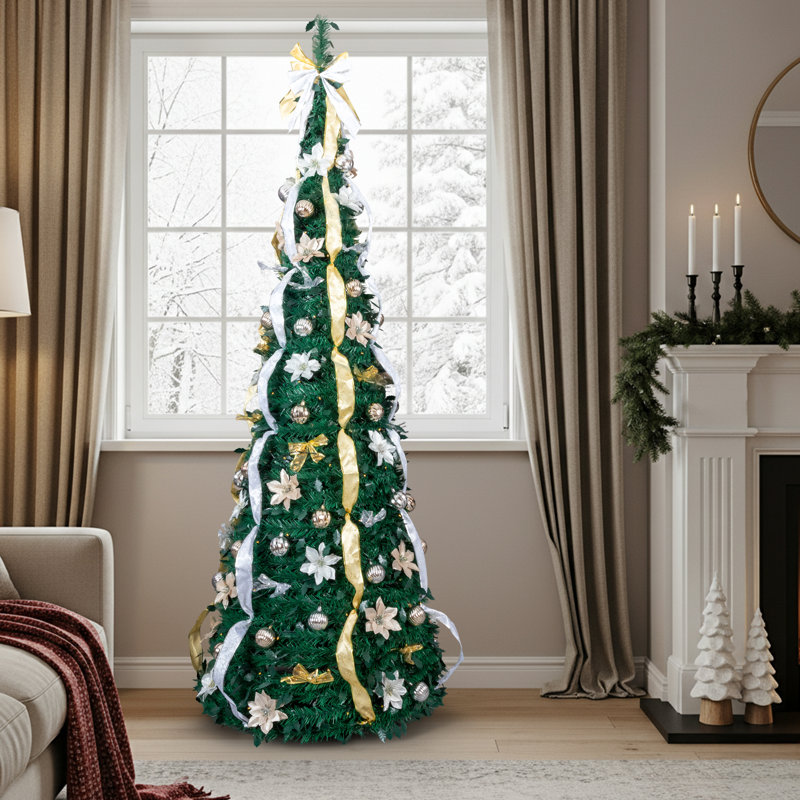 Arbre de Noël artificiel escamotable 7 pi, PVC vert, 200 DEL blanc chaud, télécommande, or et argent