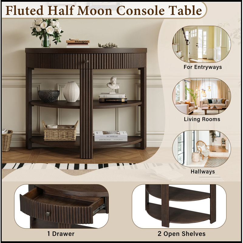 Console demi-lune avec tiroir et 2 tablettes, Espresso