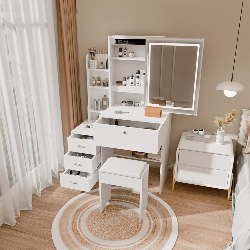 53.2" Vanity Desk With Lighted Mirror, 4 Drawers And Shelves, Makeup Vanity Table With Cushioned Stool For Bedroom Dressing