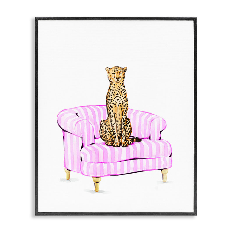 Guépard sur chaise rayée rose, estampe numérique, design par Ziwei Li, H 14 po x l 11 po, Giclée encadrée noir minuit