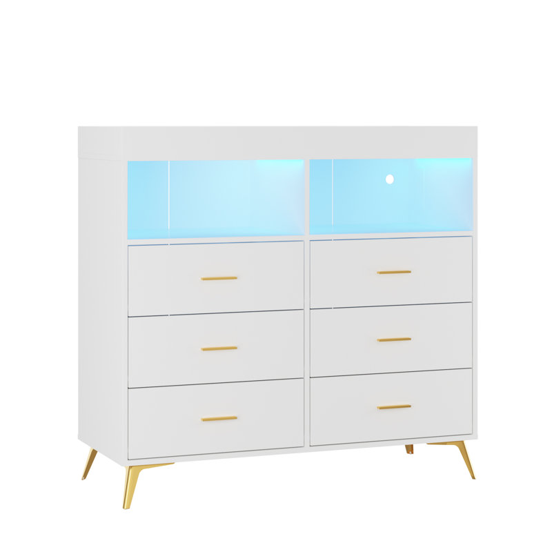 Commode 6 tiroirs avec lumières à DEL, prise de courant et plateau à langer amovible