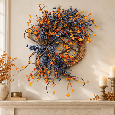 24" Artificial Rustic Autumn Twig Wreath with Foliage and Berries for Front Door Thanksgiving Decor