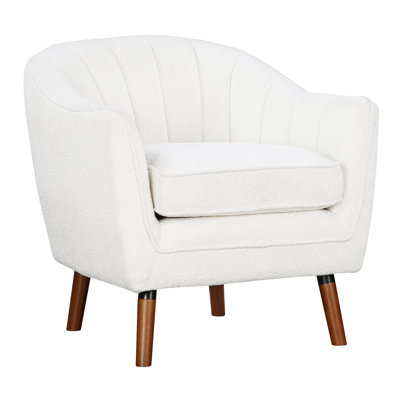 Upholstered Mid-Century Modern Chair, White Chenille Fabric, Solid Wood Legs In Brown, 20" Seat Height Accent Chair Modern, Construction,
