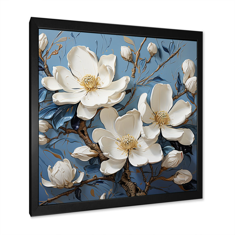 «Magnolia Blooming Elegant II» bleu et blanc sur toile, Cadre simple noir, H 36 po x l 36 po x P 1,5 po
