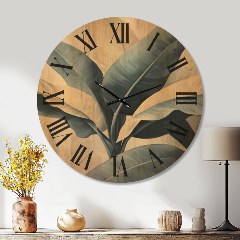 Horloge murale surdimensionnée en bois tropical à feuilles de bananier indigo, Très grand