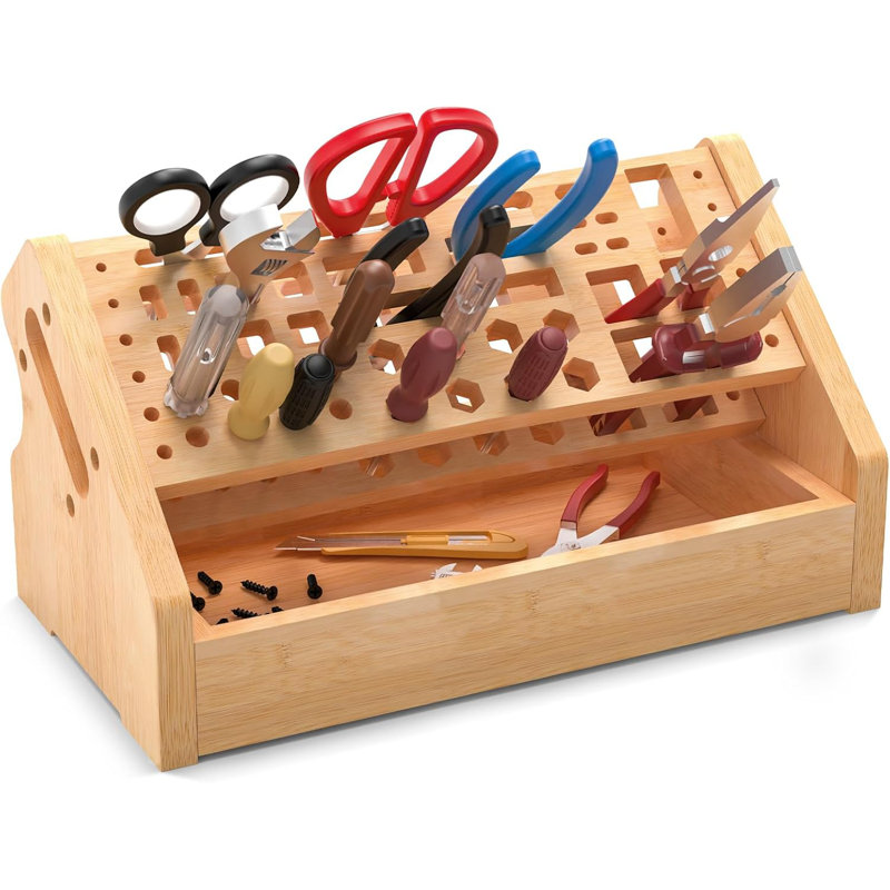 Bamboo Screwdriver Organizer Rack, Desktop Hand Tools Storage Holder With Drawer