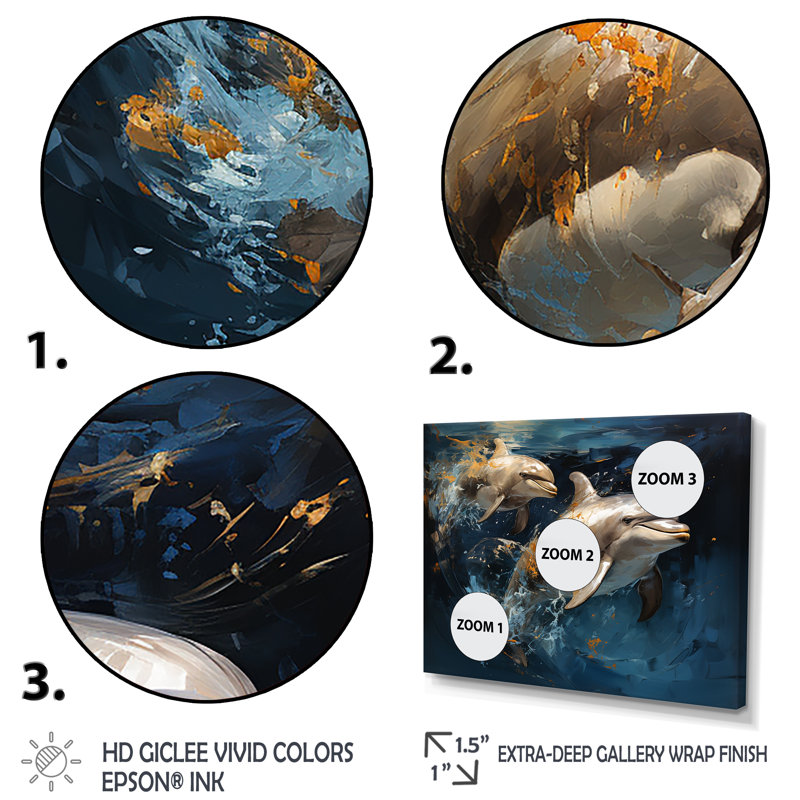 «Blue Dancing Dolphines II» - animaux, art des dauphins, Cadre de coin argenté fermé, H 30 po x l 40 po x P 1,5 po