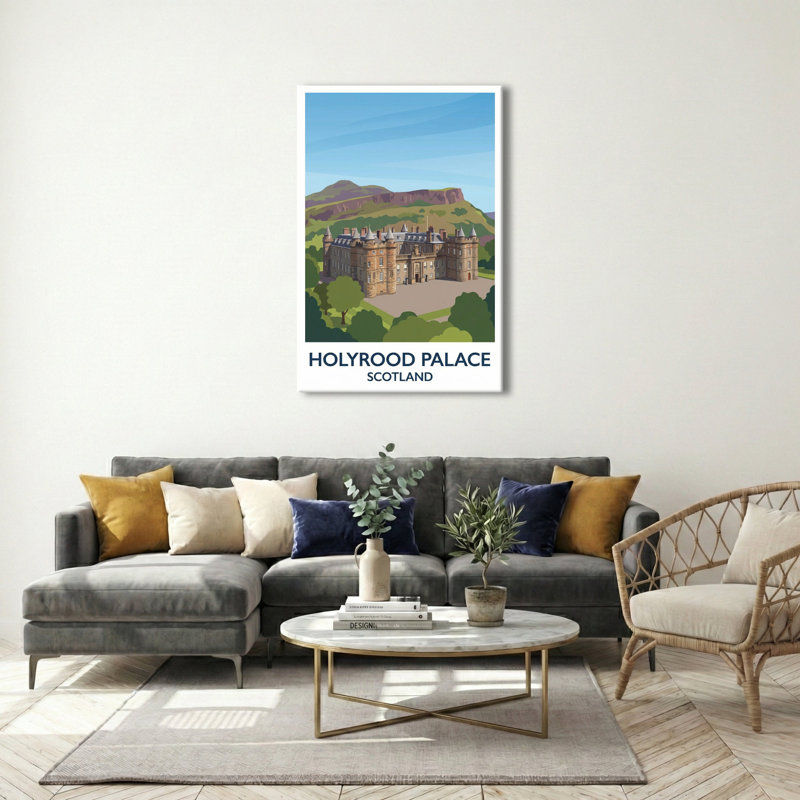 Holyrood Palace, Scotland - Romantic Travel Poster of Edinburgh's Royal Palace and Arthur's Seat. Giclee Print on Wrapped Canvas. Wall Art, Home Decor - Castles & Palaces, Scotland 1 Piece Wrapped Canvas Wall Art