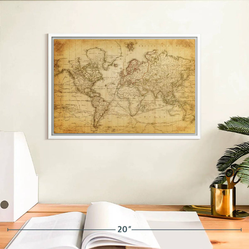 Carte du monde de l'Ancien siècle, 13 po x 9 po, Cadre flottant blanc