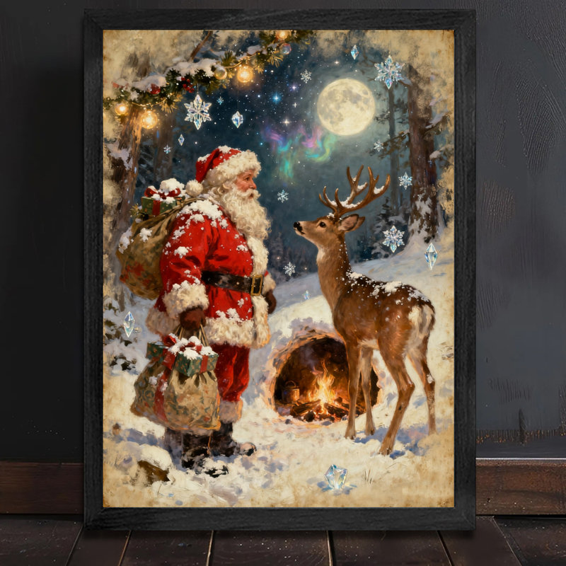 Père Noël rétro noir encadré avec art mural de style rétro, H 17 po x l 13 po