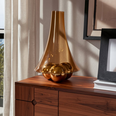 Glass Vase with Aluminum Metal Accent, Modern Handblown Design with Sculptural Removable Insert for Contemporary Home Decor