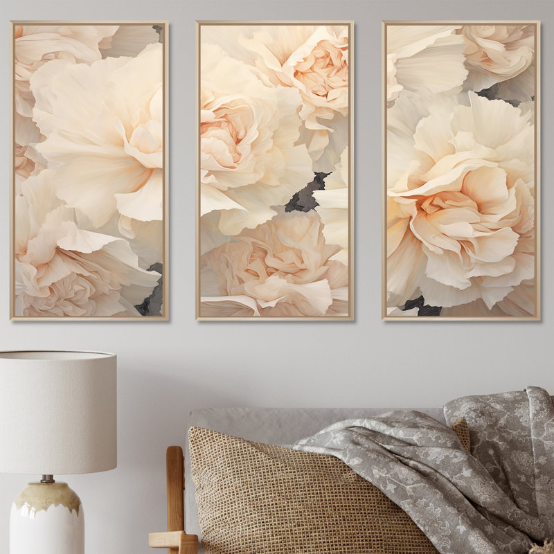 «Beige Carnations Arrangement V», ensemble d'art mural, H 40 po x l 60 po x P 1 po, Cadre naturel flottant