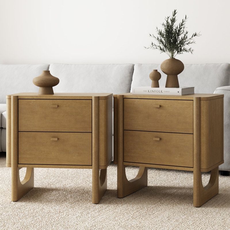 Rounded Wooden 2-Drawer Nightstand, Light Brown, Set of 2