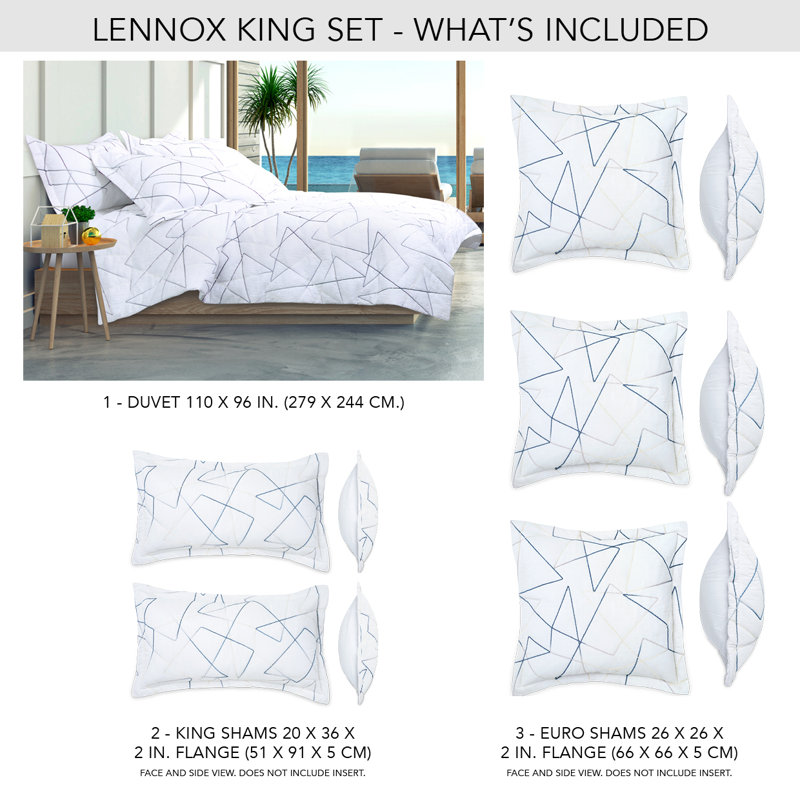 Lennox Comforter Set - White, King Comforter + 5 Shams