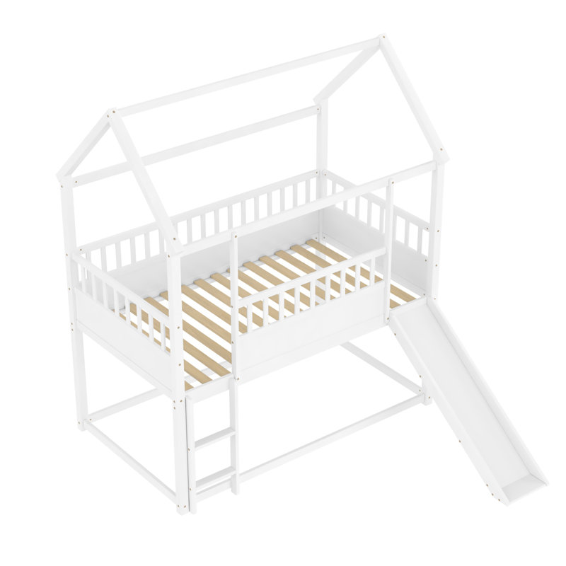 Twin Over Twin Floor Bunk Bed with Slide & Ladder, House Bed Frame with Guardrails, Kids Space-Saving Design, White