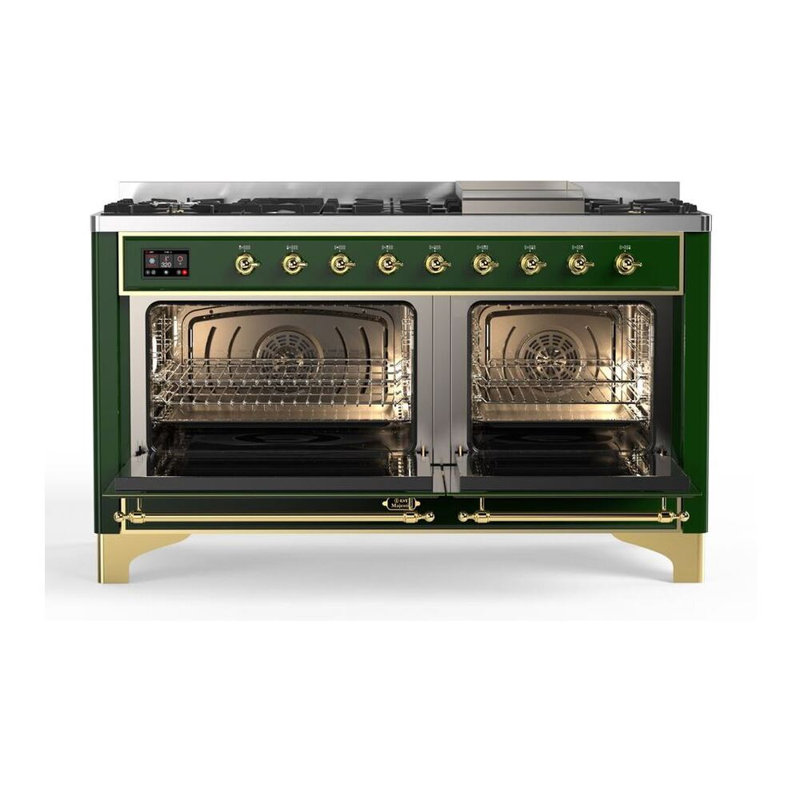 Cuisinière mixte ILVE Majestic II Series de 60 pouces avec 9 brûleurs et plaque de cuisson (porte vitrée), Propane liquide