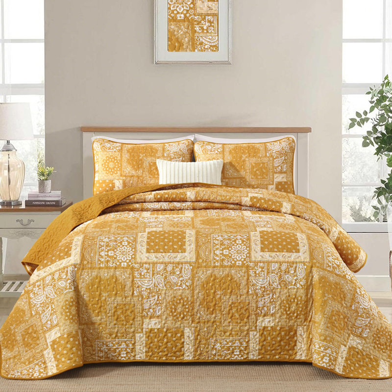 Ensemble de courtepointe 3 pièces à motif floral et motif cachemire Boho, Jaune