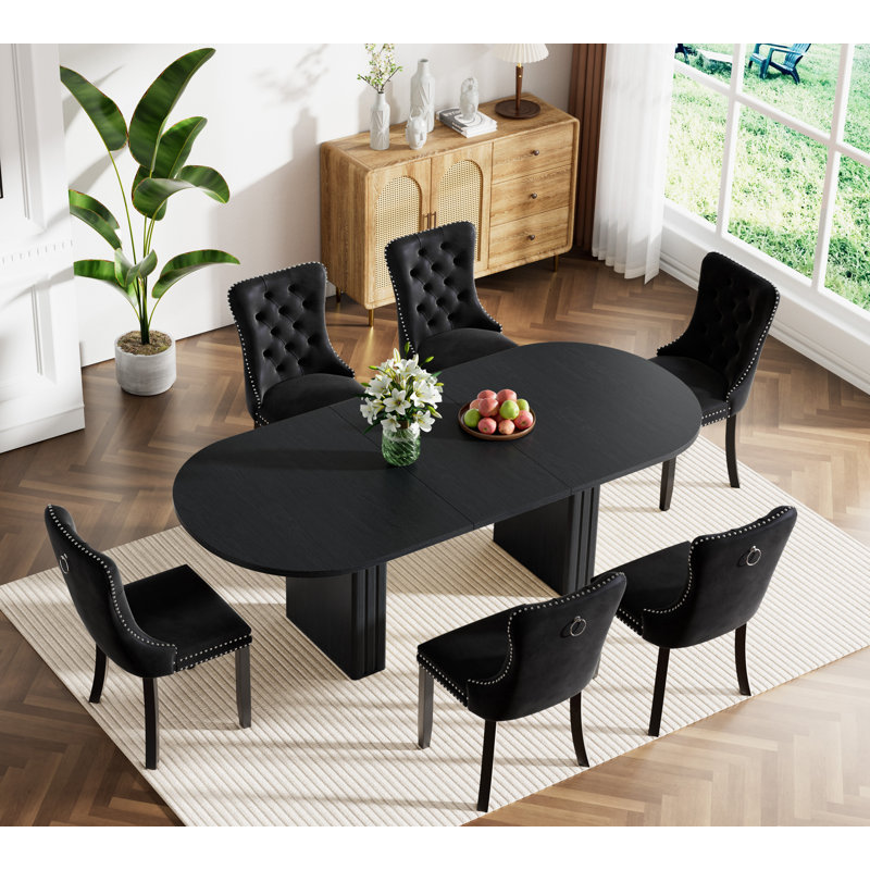 Extendable Dining Table Set, Rustic Oval Dining Room Table & Velvet Dining Chairs with Wood Leg, 62.99" -78.74" Dining Table and Chairs Set, Modern Dining Table Set