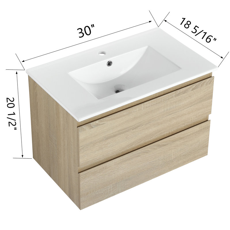 Meuble-lavabo mural flottant simple en chêne clair 35,9 po avec plateau en céramique Si