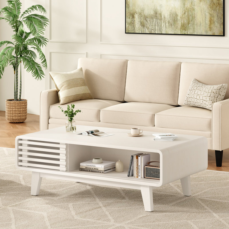 Table basse, tables de salon, table moderne avec rangement, table basse Mid Century, Blanc