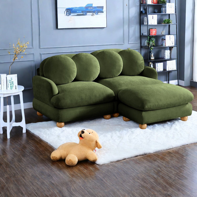 Canapés à compression, canapé trois places en chenille verte avec pouf, décor moderne, Vert