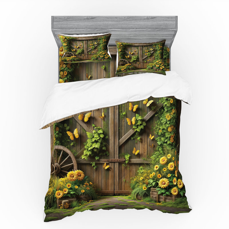 Ensemble de literie rustique Ambesonne et jaune sépia vert fougère, King Duvet Cover + 3 Additional Pieces