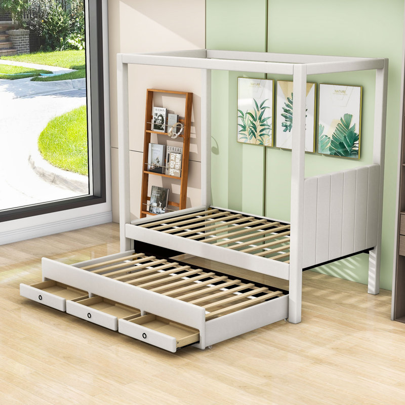 Lit plateforme à baldaquin avec lit gigogne simple et 3 tiroirs de rangement Raqib, Beige, Simple