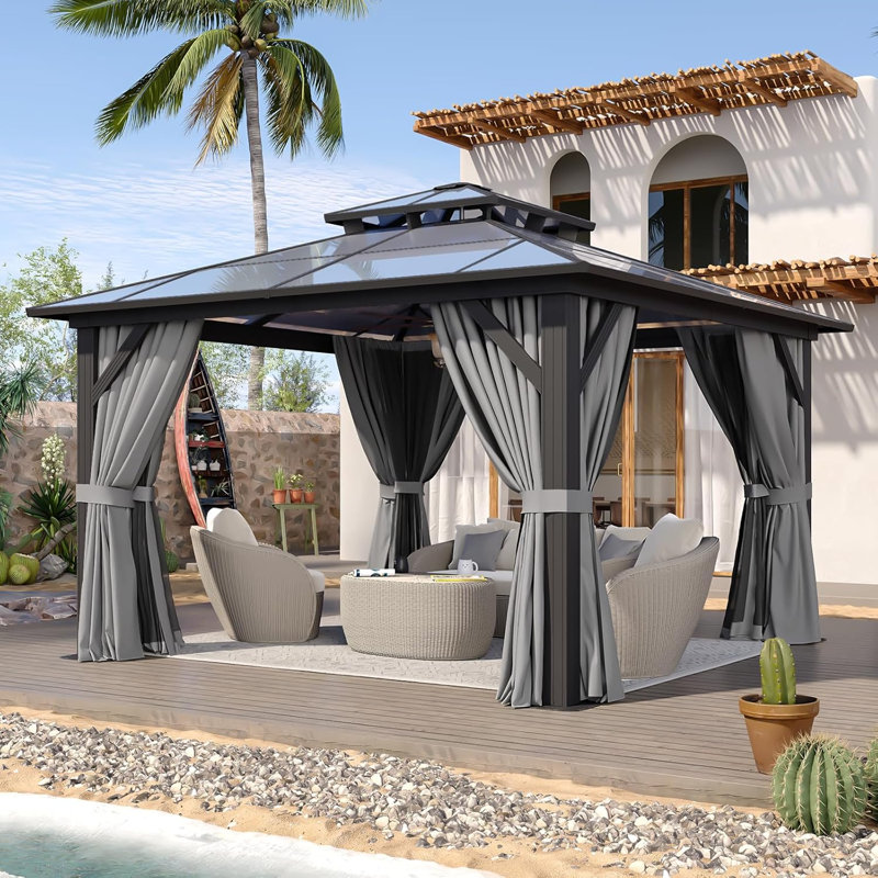 12'x12' Hardtop Gazebo, Aluminum Frame Permanent Pavilion with Curtains and Netting