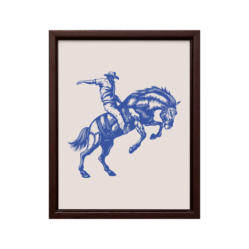 Cheval de cowboy bleu, Canvas, 08"H x 10"W, Brown Framed