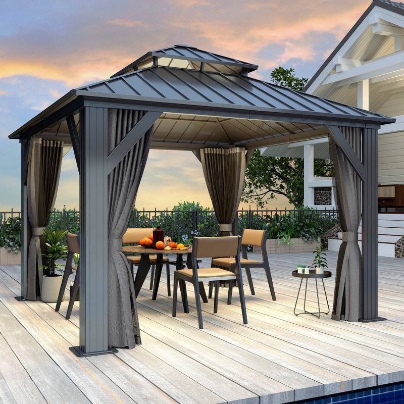 Aluminum Patio Gazebo - Galvanized Steel Hardtop Gazebo with Curtains & Netting, 10 ft. W x 10 ft. D