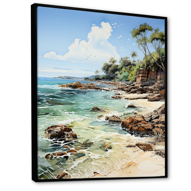 Brodi thaïlandais, brise côtière sur toile, H 44 po x l 34 po x P 1,5 po, Cadre flottant noir