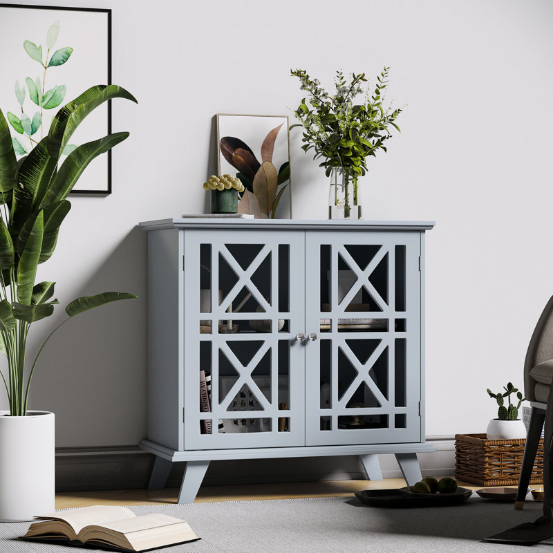Buffet de rangement style français gris pour le salon et la cuisine avec double porte et poignées en métal
