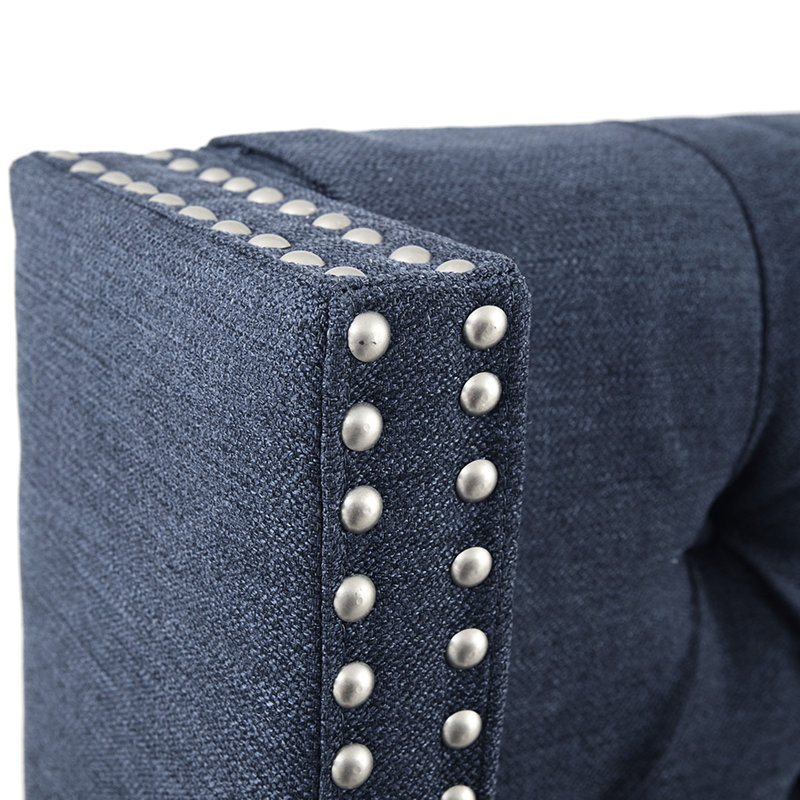 Tête de lit tapissier bleu marine pour grand lit, bouton avec double décoration cloutée, pieds réglables en métal noir, assemblage requis, capitonnage et garniture inclus avec outil, revêtement, pieds noirs, ensemble