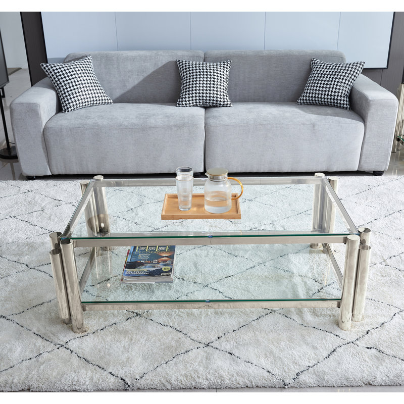 Table basse rectangulaire moderne en acier inoxydable de 50 po de largeur, table basse en verre trempé transparent à deux couches, table centrale avec rangement, pour le bureau à domicile, assemblage facile, argent