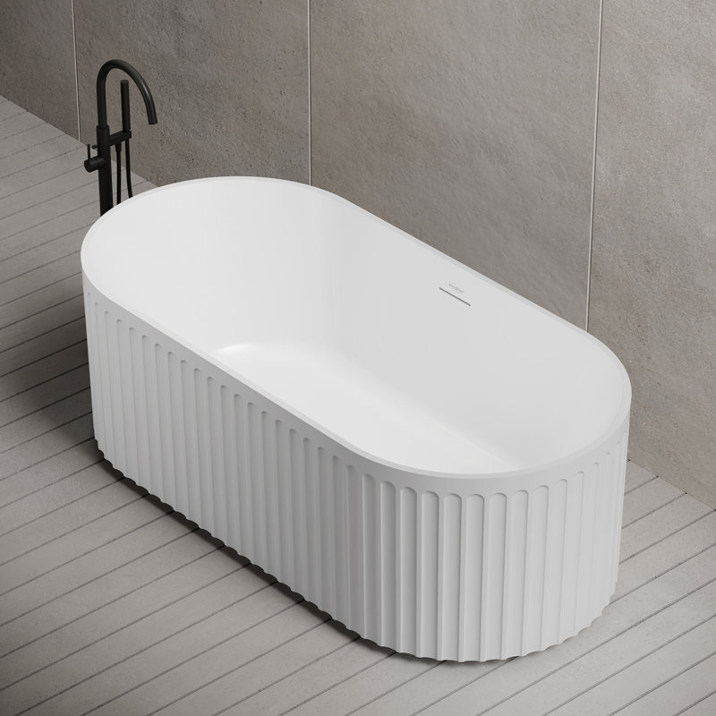MonBlari 59" X 29.5"  Fluted Freestanding White Soaking Acrylic Bathtub with Overflow and Pop-up Drain For Bathroom