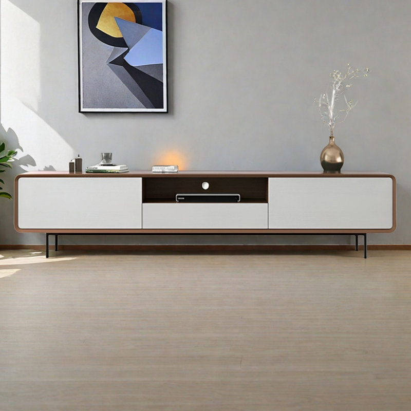 Meuble télé en bois de style moderne et minimaliste, H 19,3 po x L 86,61 po x l 15,75 po, Brun / Blanc