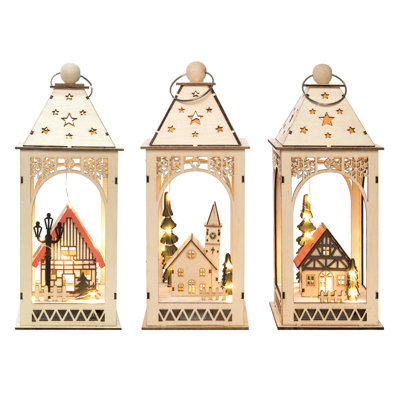 Ensemble de 3 lanternes en bois aggloméré, découpées au laser et découpées au laser - Sculptures en bois décoratives pour Noël, utilisation de table multicolore pré-éclairée à l'intérieur