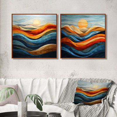 «Blue Orange Bold Mountains Landscape at Sunset I», art mural abstrait - ensemble d'art mural moderne 2 pièces
