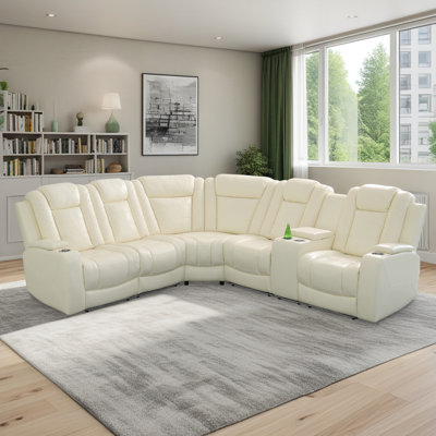 Ensemble de canapé inclinable électrique blanc cassé, canapé modulaire en cuir respirant 3 pièces avec double charge USB, console de rangement et porte-gobelets