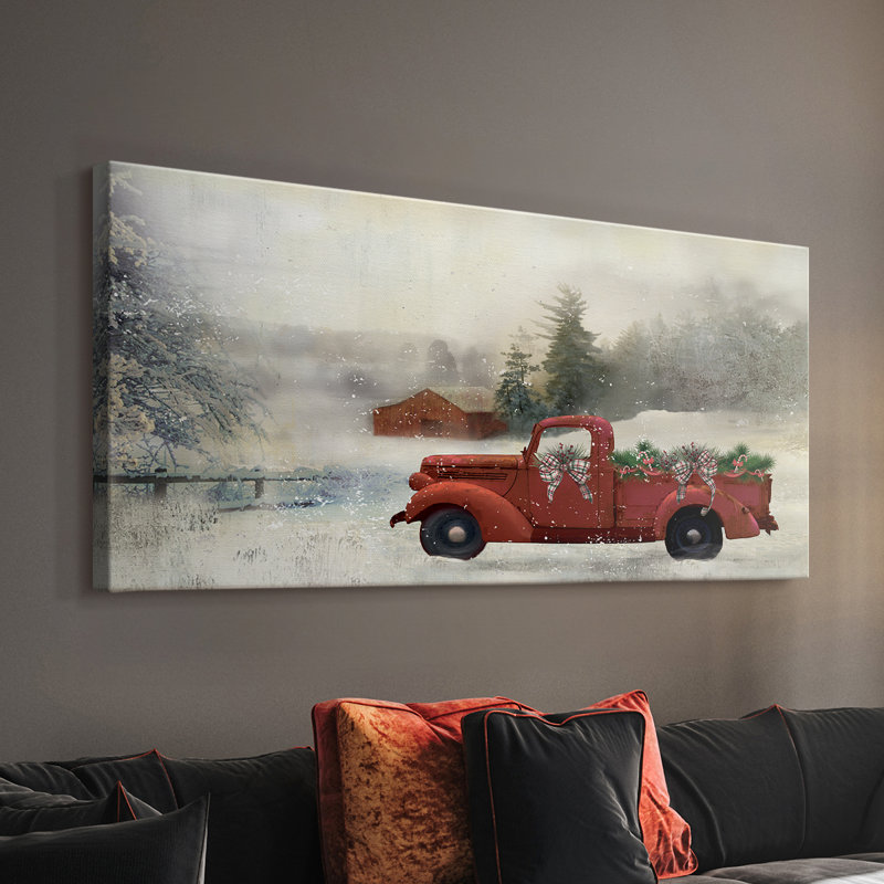 Red Barn Winter - Toile tendue avec châssis - Prêt à accrocher, H 20 po x l 40 po