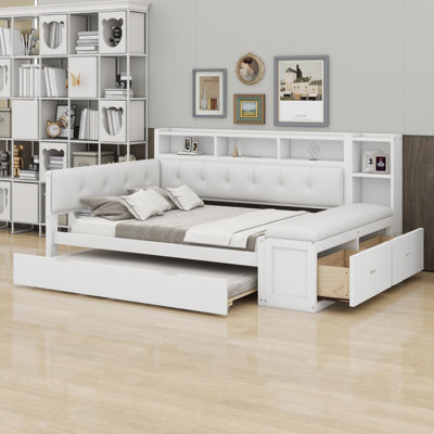 Multi-Functional Wood Daybed with Trundle, Storage Shelves, Bench & Charging Station, Upholstered Headboard Platform Bed