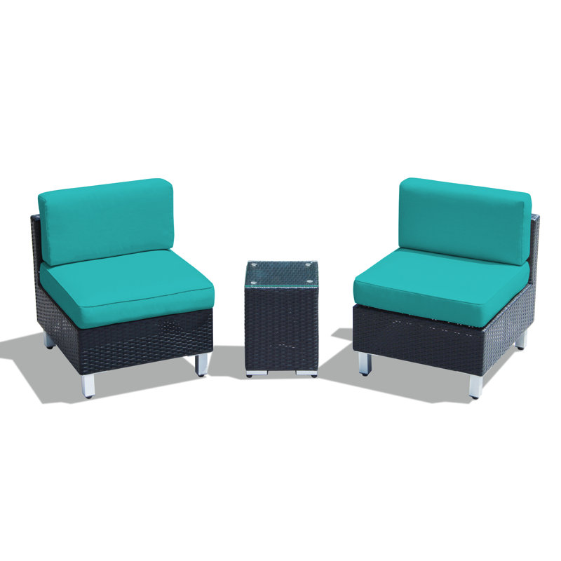 3 Piece Outdoor Patio Black Wicker Sectional Set with Cushions, Teal