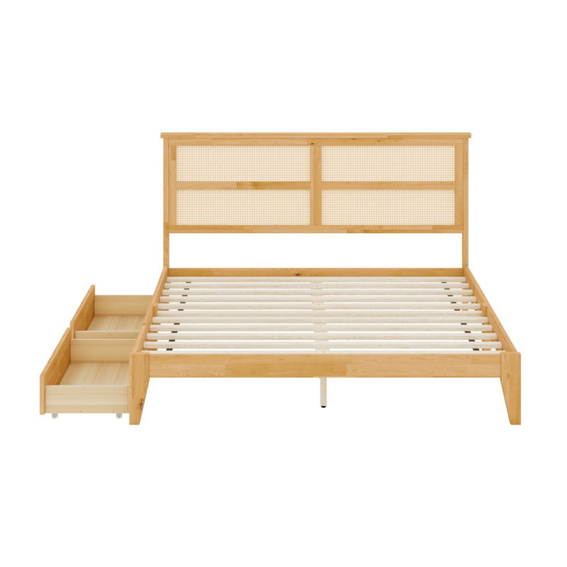 Lit en bois avec tête de lit en rotin et deux tiroirs de rangement, Chêne blanc