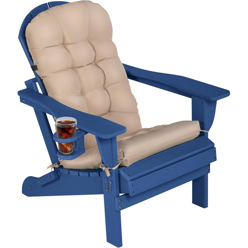 Folding Adirondack Chair With Cushion & Cup Holder, Hdpe Outdoor Fire Pit Chairs With Wood-like Grain, Blue