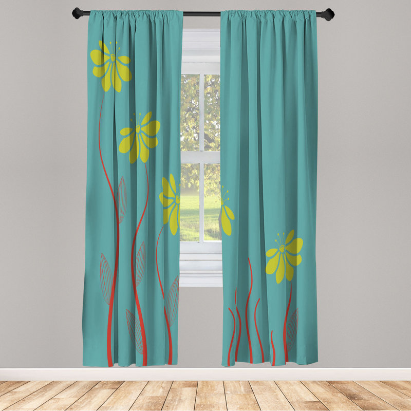 Microfiber Floral Semi-Sheer Rod Pocket Curtain Panels, 28" W x 63" L, Yellow/Orange/Blue