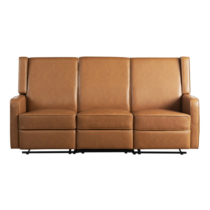 Keough 79.9" Manual Reclining Sofa Soft Modern Track Arm Pocket Coil Comfort Toolless Assembly Vegan Leather Fabric, Carmel